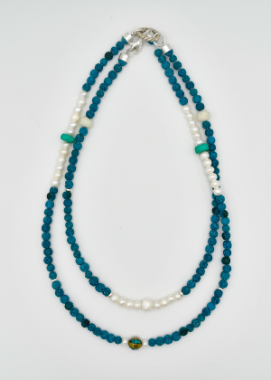 PearlsLavaNeck Pearls and Blue Lava Stone Sterling Silver Double Wrap Necklace