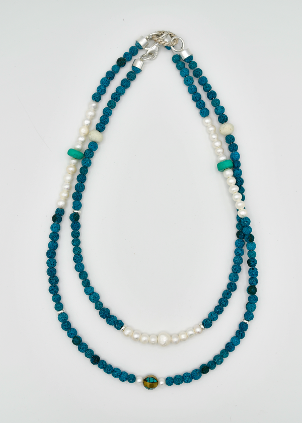 Pearls and Blue Lava Stone Sterling Silver Double Wrap Necklace