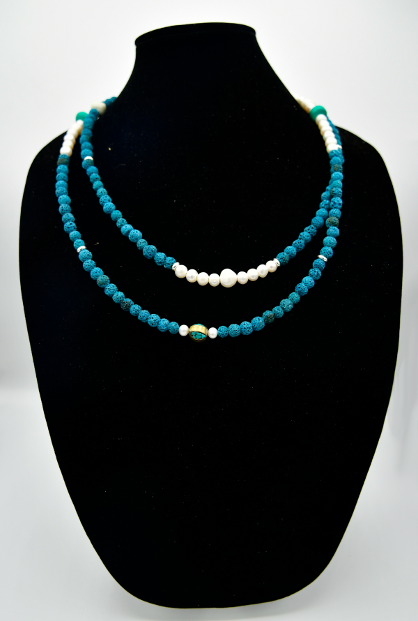 Pearls and Blue Lava Stone Sterling Silver Double Wrap Necklace