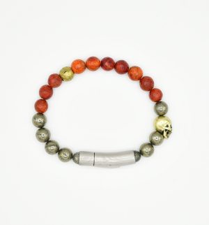 Coral & Pyrite Skull Bracelet