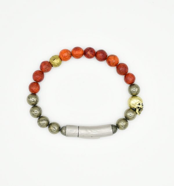 Coral & Pyrite Skull Bracelet