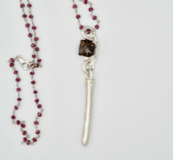 Smokey Quartz & Spike Pendant with Sterling Silver Ruby Necklace