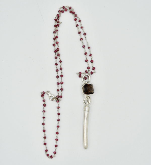 Smokey Quartz & Spike Pendant with Sterling Silver Ruby Necklace