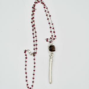 cushionspikerosary Smokey Quartz & Spike Pendant with Sterling Silver Ruby Necklace