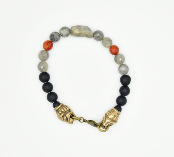 Labradorite with Onyx and Coral Lion Head Bracelet