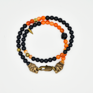 Carnelian and Onyx Double Wrap Lion Head Bracelet
