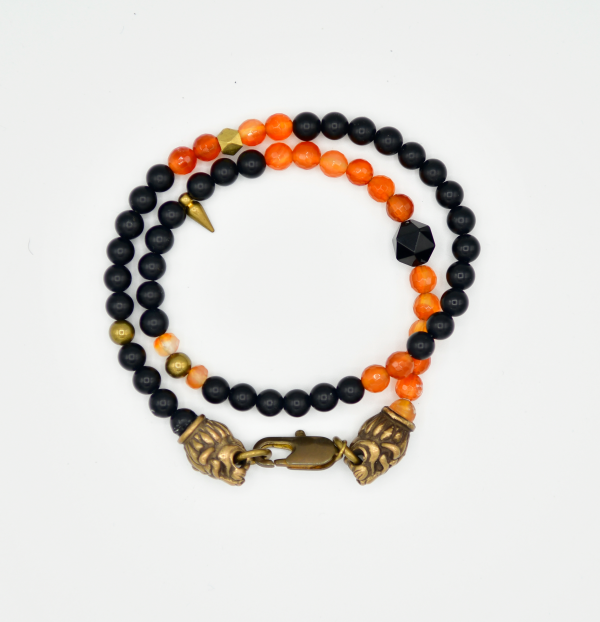 Carnelian and Onyx Double Wrap Lion Head Bracelet