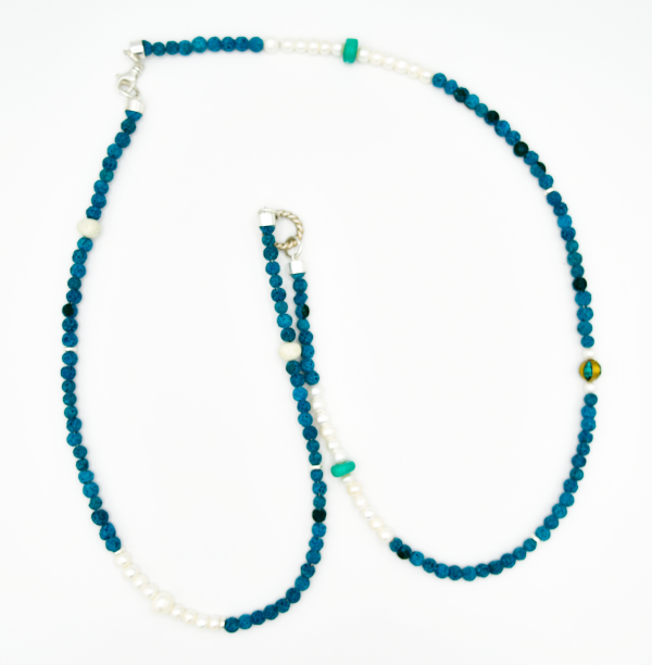 Pearls and Blue Lava Stone Sterling Silver Double Wrap Necklace