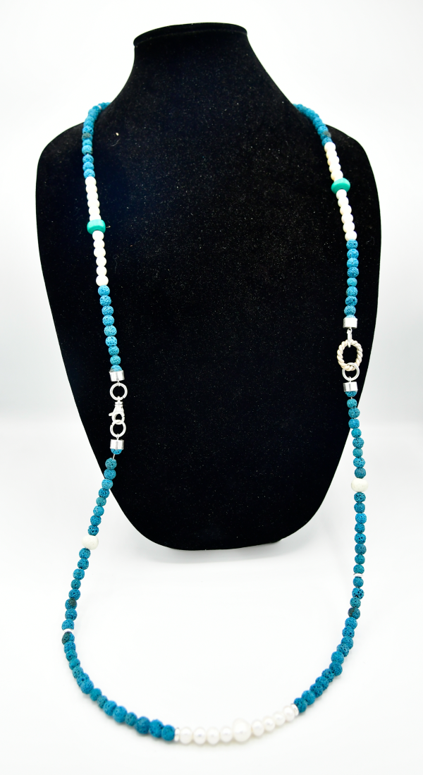 Pearls and Blue Lava Stone Sterling Silver Double Wrap Necklace