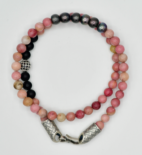 Rhodonite With Black Pearls and Sterling Silver Double Wrap Bracelet