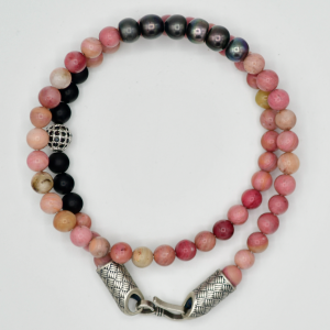 rhodonitedw Rhodonite With Black Pearls and Sterling Silver Double Wrap Bracelet