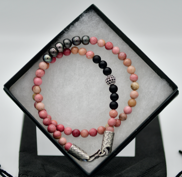 Rhodonite With Black Pearls and Sterling Silver Double Wrap Bracelet