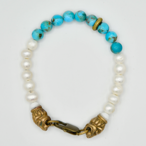 Kingman Turquoise and Pearls Lion Head Bracelet
