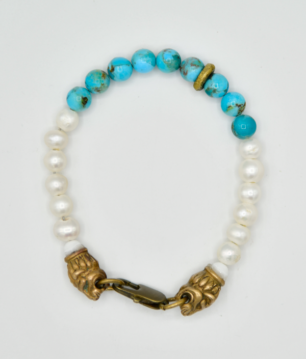 Kingman Turquoise and Pearls Lion Head Bracelet