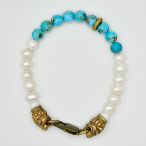 turqpearls Kingman Turquoise and Pearls Lion Head Bracelet