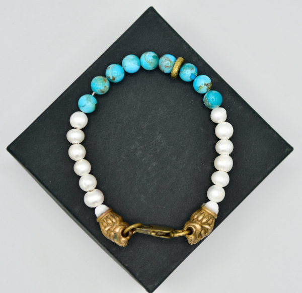 Kingman Turquoise and Pearls Lion Head Bracelet