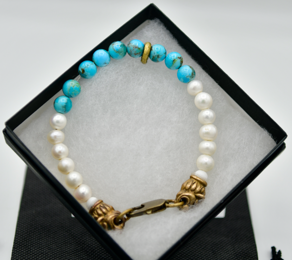 Kingman Turquoise and Pearls Lion Head Bracelet
